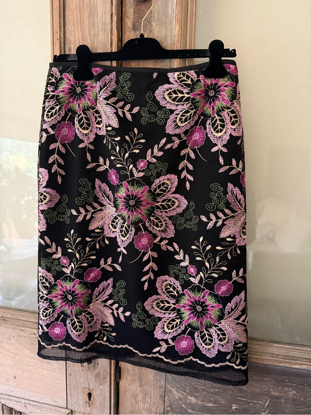 Tahari Black Pencil Skirt with Pink & Green Floral Embroidery